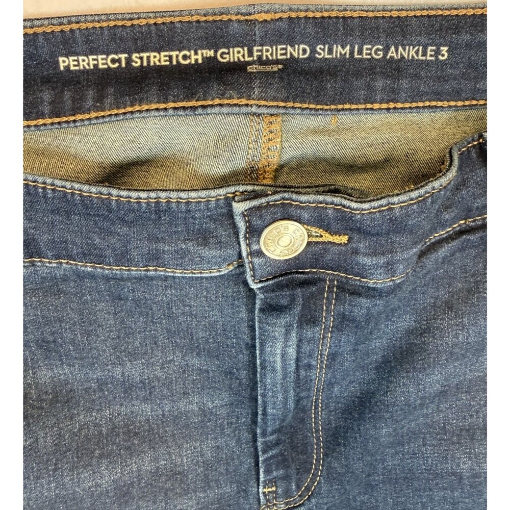 Chico's Perfect Stretch Girlfriend Slim Leg Ankle Jeans Sz 3 Dark Wash 16 - Picture 3 of 10